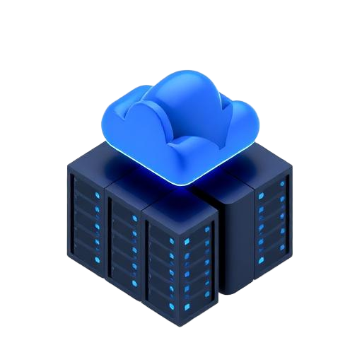 Isometric glass icon of a cloud above server racks