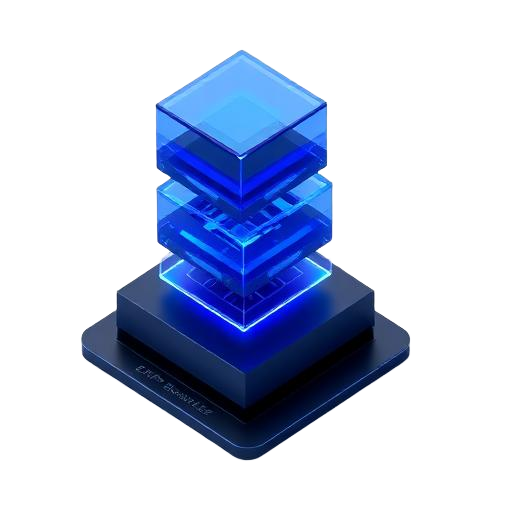 Isometric glass icon of stacked ERP modules above a data platform