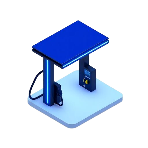 Isometric glass icon of a fuel station pump under a canopy