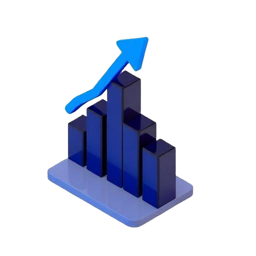 Isometric glass icon of a rising bar chart with a growth arrow
