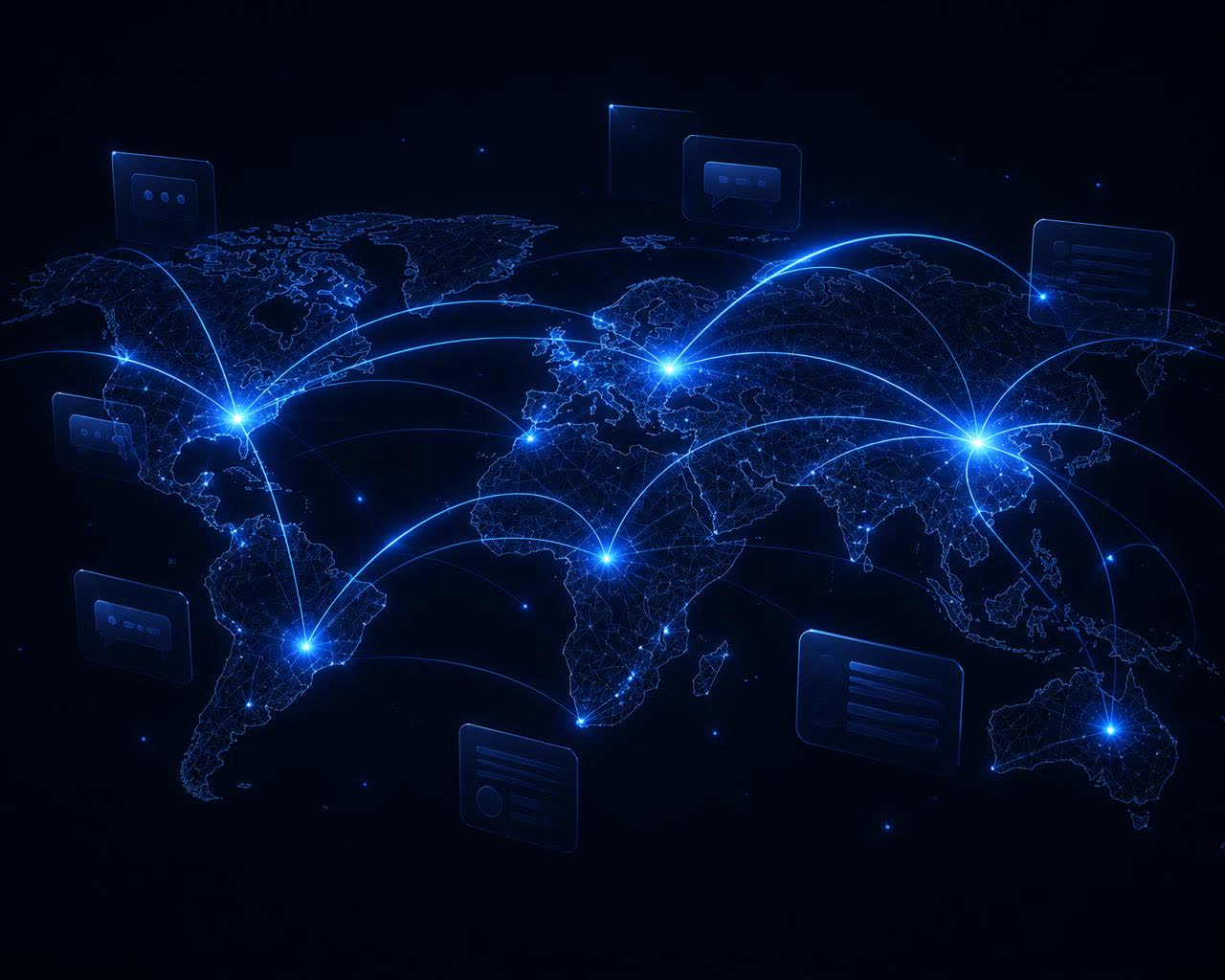 Glowing indigo arcs connecting cities on a wireframe world map