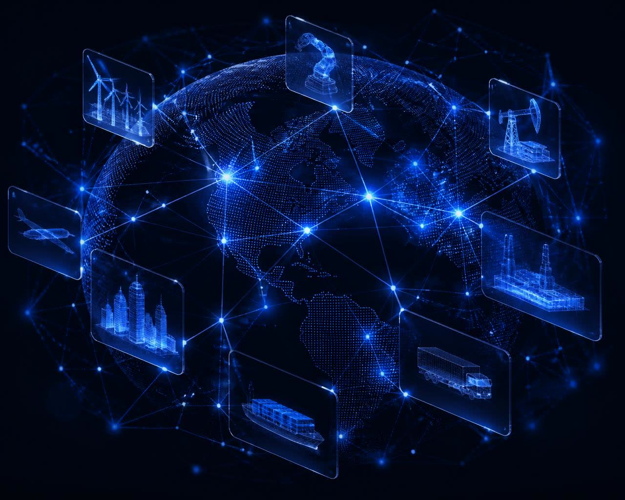 Glowing global network of industry nodes over a wireframe globe