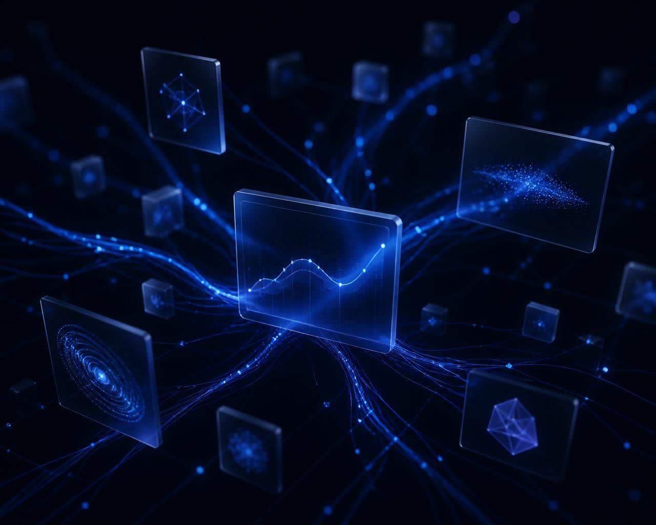 Floating glass article panels linked by glowing indigo data threads
