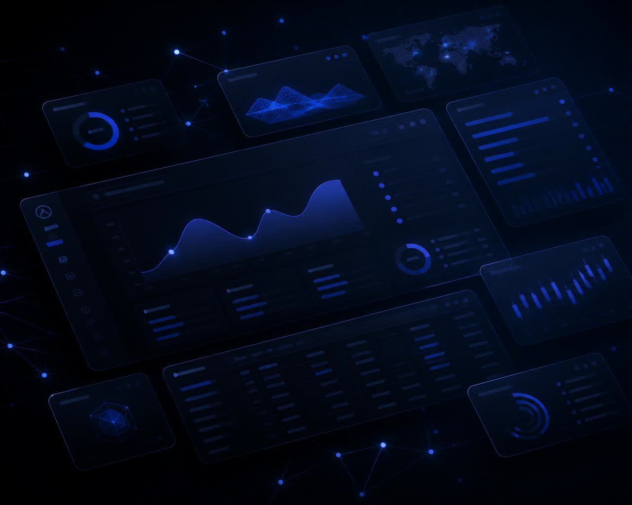 Abstract enterprise dashboard panels connected by a glowing indigo network