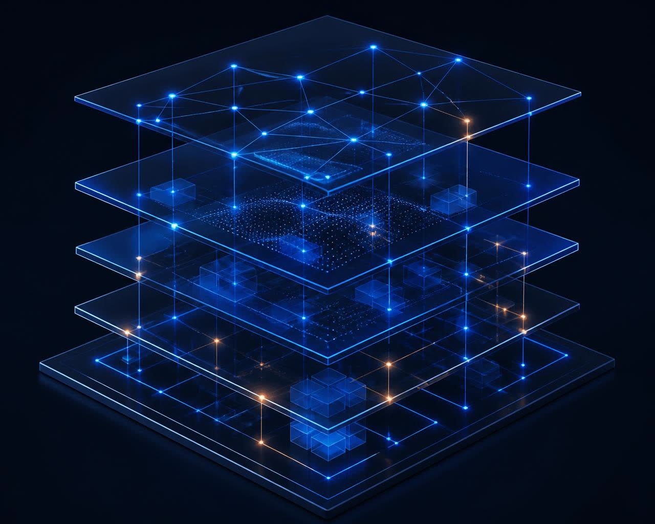 Layered isometric glass planes linked by glowing indigo nodes