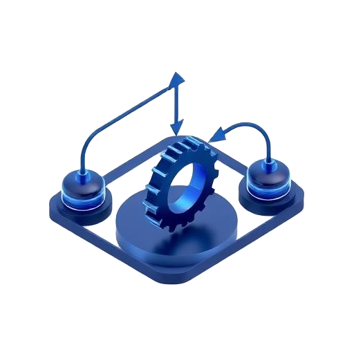 Isometric glass icon of connected workflow nodes driving a gear