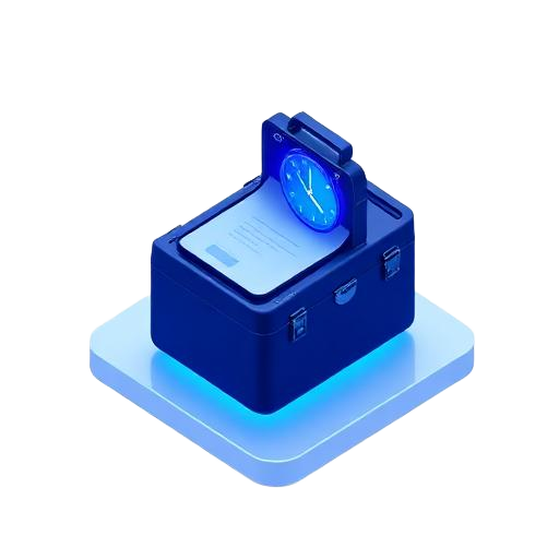Isometric glass icon of a briefcase with a document and clock