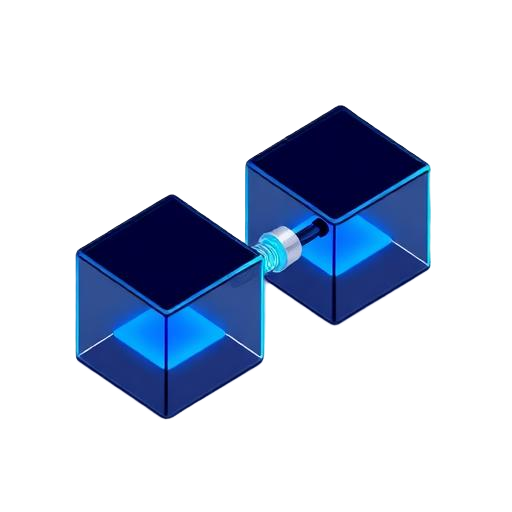 Isometric glass icon of two systems joined by a connector